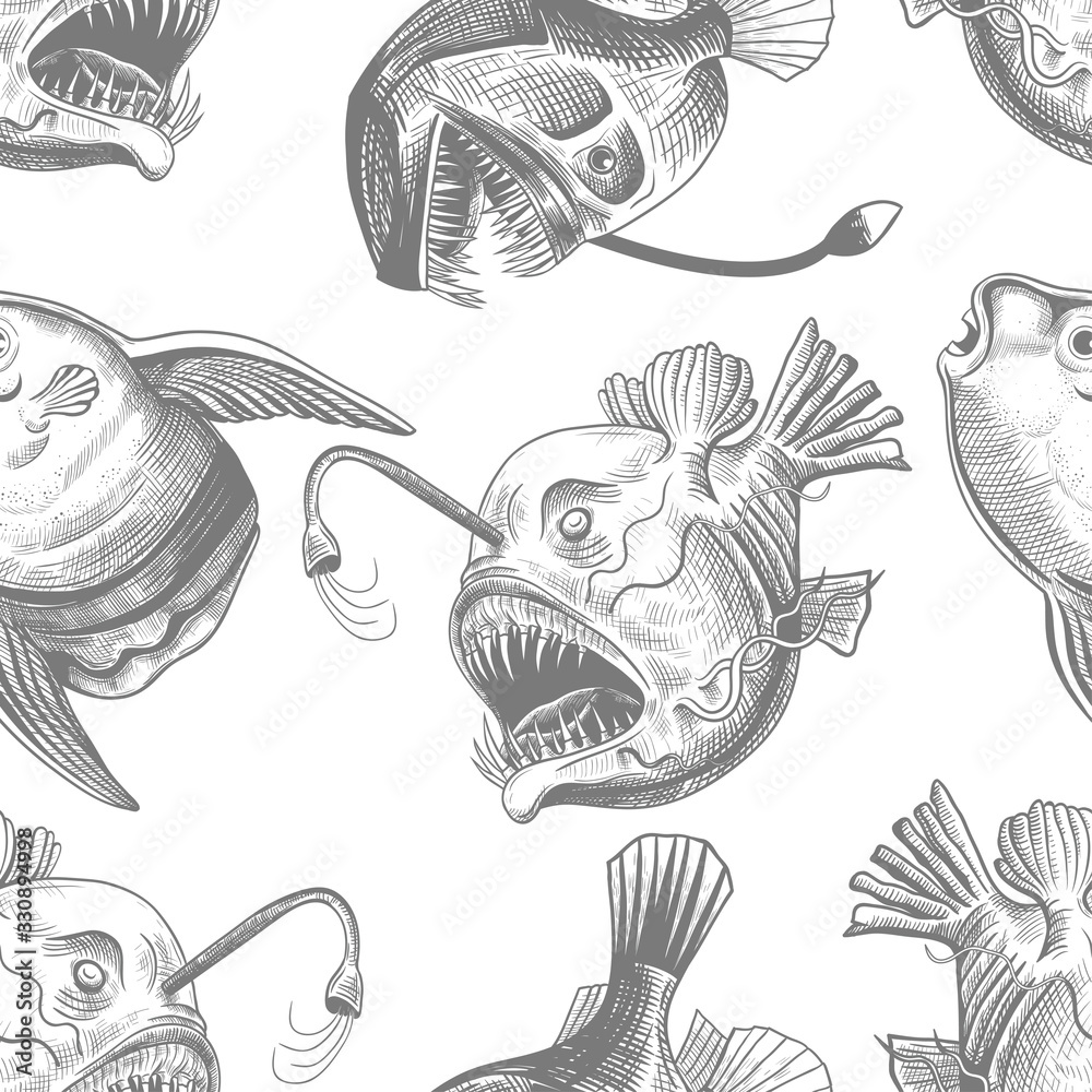 Deep sea anglers and the moon fish. Vector seamless pattern on a