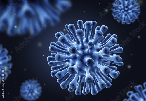 Coronavirus 2019-nCov asian flu SARS outbreak and coronaviruses influenza dangerous virus pandemic china pathogen respiratory. Microscope virus close up. 3d medical illustration