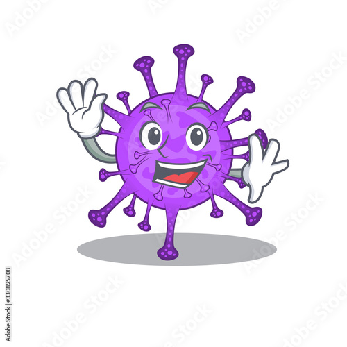 Smiley bovine coronavirus cartoon mascot design with waving hand © kongvector