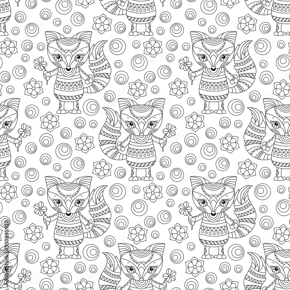 Seamless pattern with cute cartoon foxes, raccoons and flowers, dark animal outlines on a white background