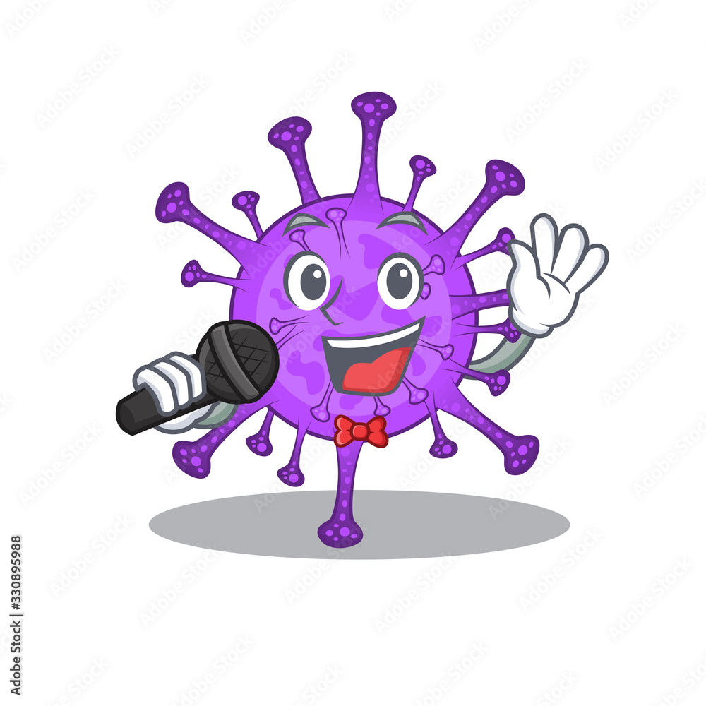 Fototapeta premium Cute bovine coronavirus sings a song with a microphone