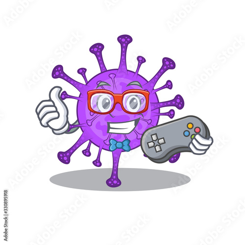 Cool gamer of bovine coronavirus mascot design style with controller