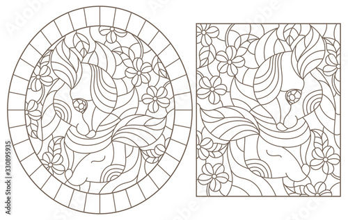 Set of contour illustrations of stained glass Windows with fawns and flowers, dark outlines on a white background