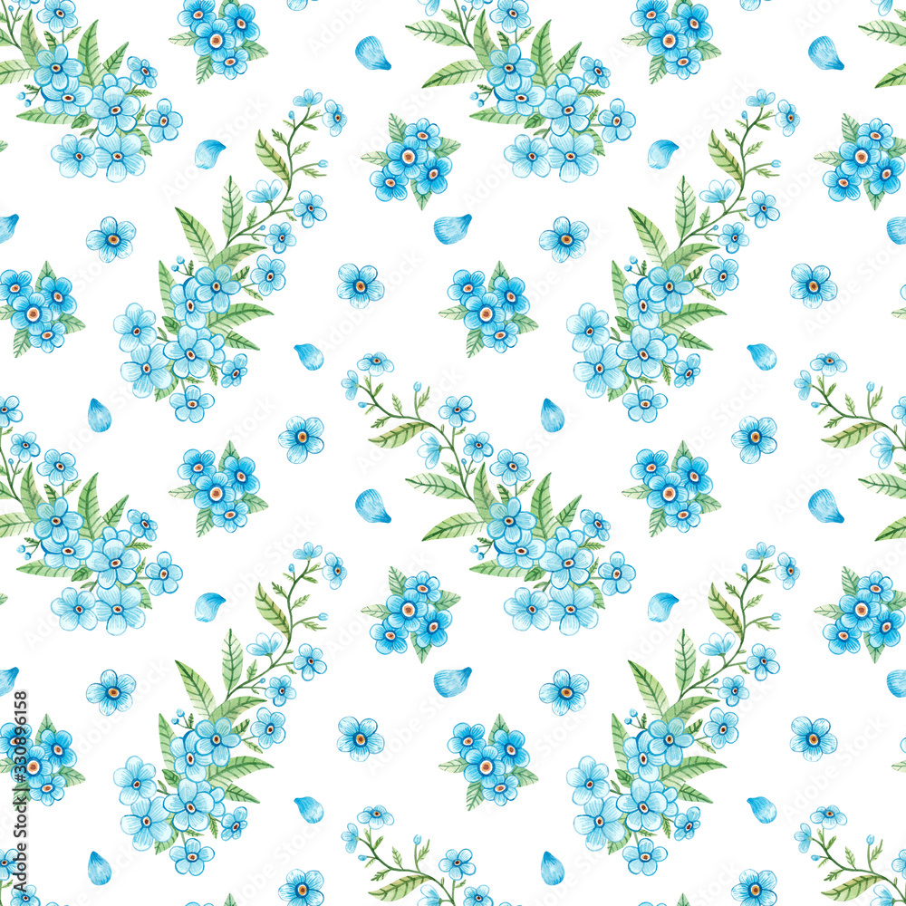 Hand-drawn watercolor seamless pattern. Light background on a spring theme. Floral texture with forget-me-not, petals and leaves for design, fabrics, wrapping paper, decoration, scrap-booking, etc.