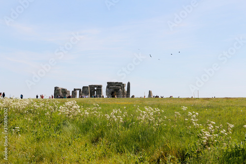 View of Stonehenge with green meadow, white flowers and blue sky on a sunny day in Spring, United Kingdom