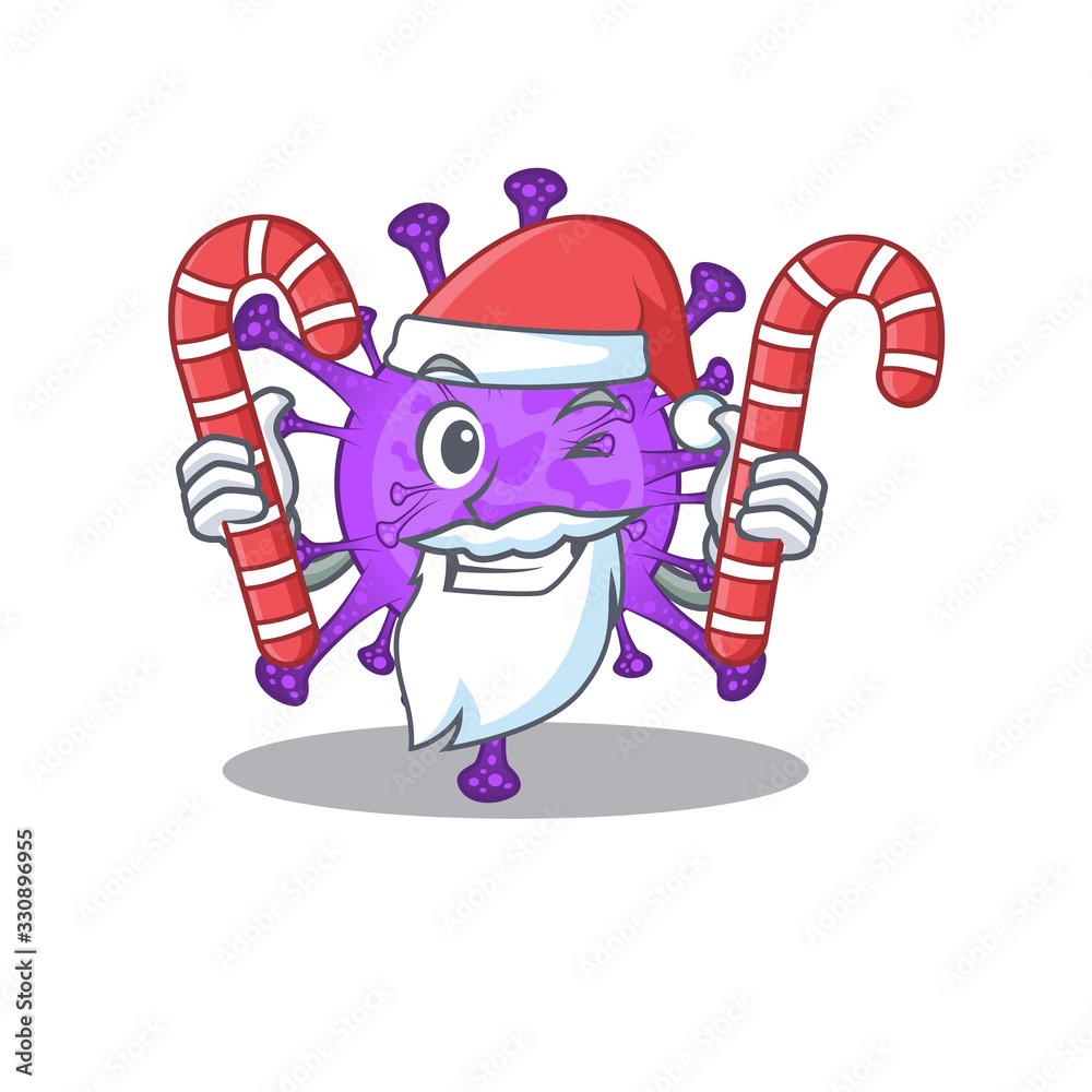 Fototapeta premium Friendly bovine coronavirus in Santa Cartoon character having candies
