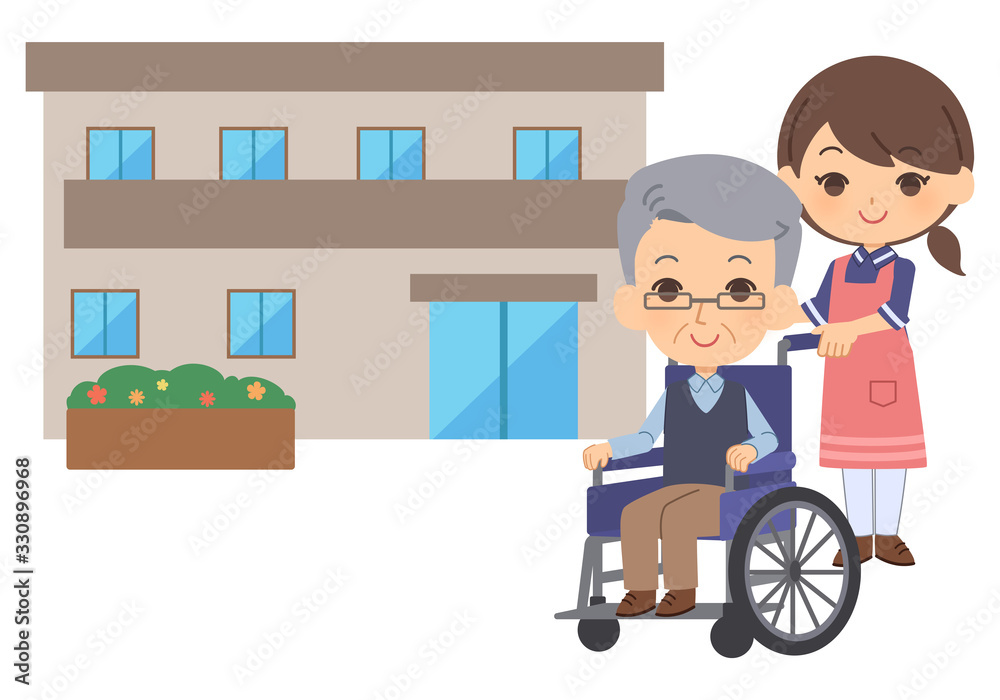 車椅子に乗った老人と介護士　介護施設