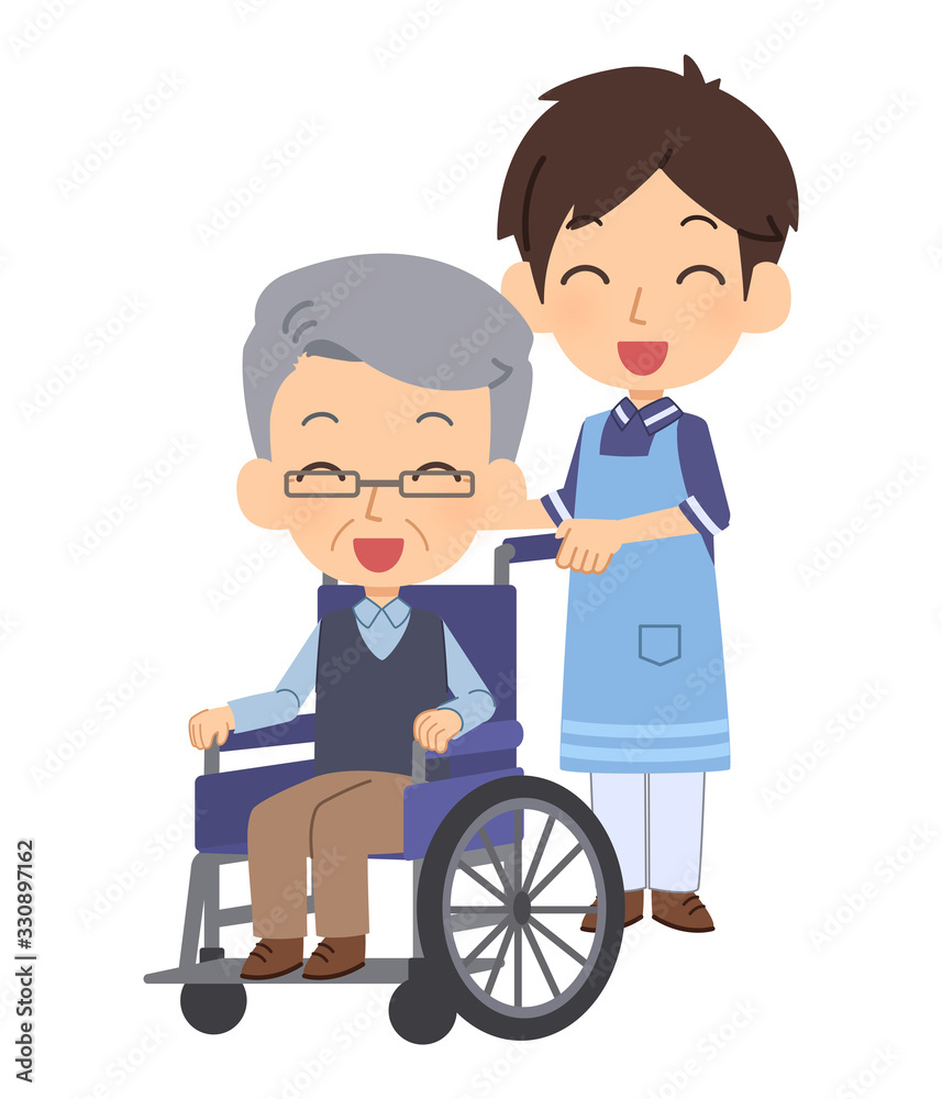 車椅子に乗った老人と介護士