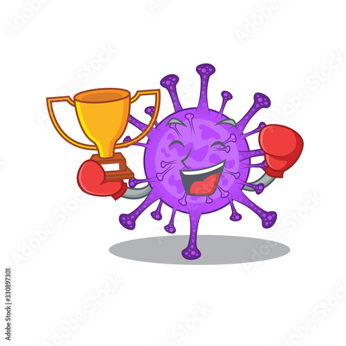 Happy face of boxing winner bovine coronavirus in mascot design style