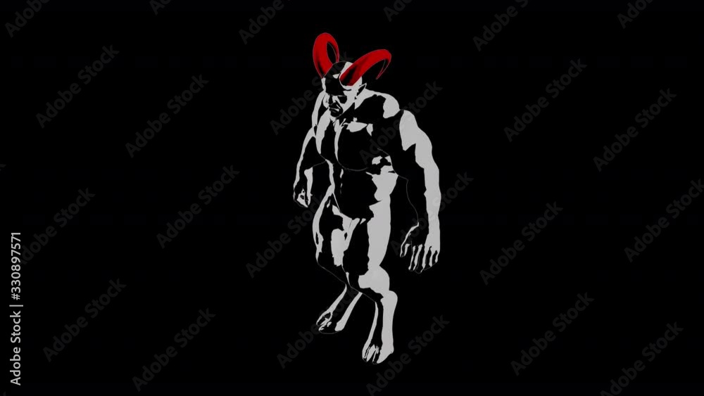 Seamless looping animation muscle powerful Demon, devil, imp character with horns in vanguard style shifts from foot to foot and carefully looks around. Top right view. With mask / alpha matte. Seamless looping animation muscle powerful Demon, devil, imp character with horns in vanguard style shifts from foot to foot and carefully looks around. Top right view. With mask / alpha matte.