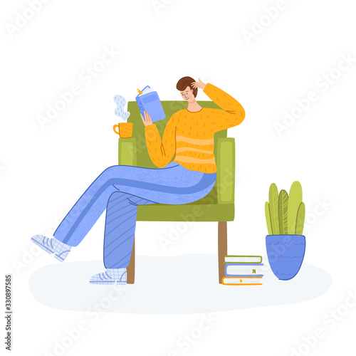 Man reading book sitting in chair, student read and study, literature fans or lovers concept, modern flat cartoon textured people character isolated on white - vector illustration