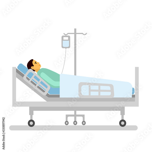 A sick man is in medical bed on a drip. Patient is in hospital concept vector illustration on white background.