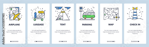 Travel website and mobile app onboarding screens vector template