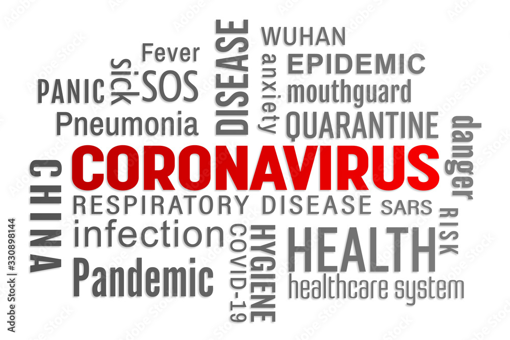 Illustration of a keyword cloud with red and grey text - Coronavirus Illustration of a keyword cloud with red and grey text - Coronavirus