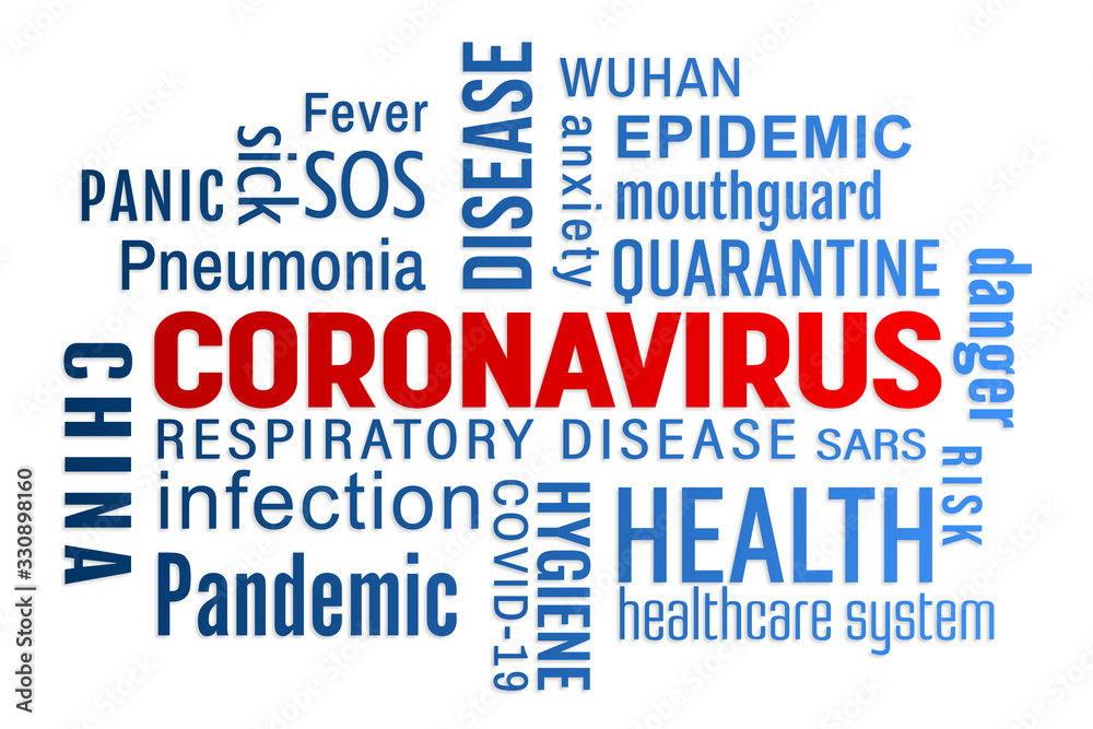 Illustration of a keyword cloud with blue and red text - Coronavirus
