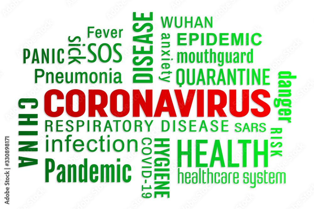 Illustration of a keyword cloud with green and red text - Coronavirus Illustration of a keyword cloud with green and red text - Coronavirus