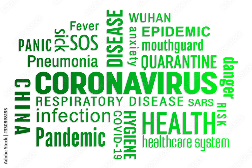 Illustration of a keyword cloud with green text - Coronavirus Illustration of a keyword cloud with green text - Coronavirus