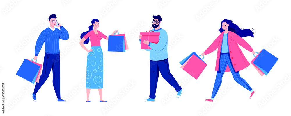 A collection of people shopping at a sale. Men and women with shopping bags. A collection of people shopping at a sale. Men and women with shopping bags.