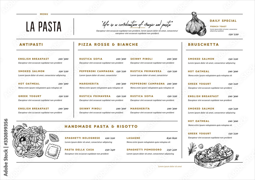 Italian restaurant menu template. Cafe identity. Minimalist style. Engraved illustrations. Pasta, bruschetta, garlic. Vector illustration - obrazy, fototapety, plakaty 