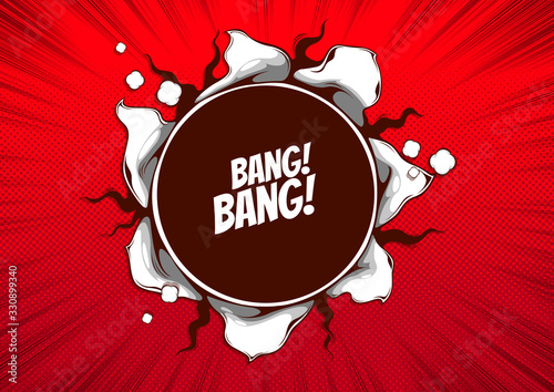comic cover template, picture The circle of paper is torn in the middle on red background, flyer brochure speech bubbles, Vector illustration.
