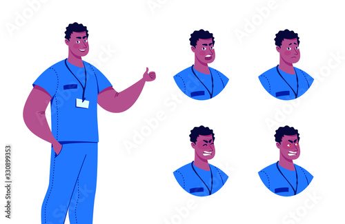 Doctor in various emotions. Character design set. Vector illustration in a flat cartoon style.