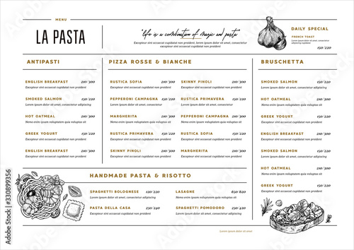 Italian restaurant menu template. Cafe identity. Minimalist style. Engraved illustrations. Pasta, bruschetta, garlic. Vector illustration