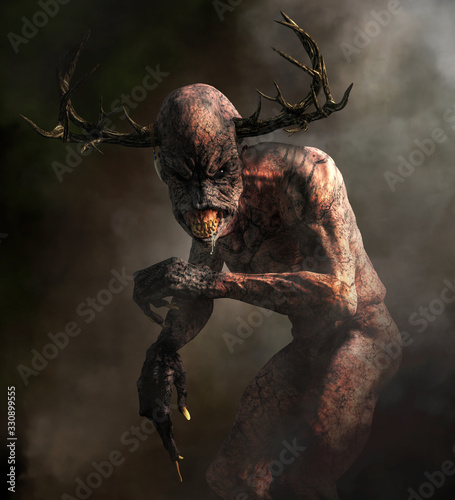 A horrifying monster with pale skin, long claws, sharp teeth, and an elongated head with antlers emerges from the night mists.  Meet the Wendigo. photo