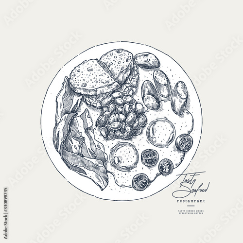 English breakfast engraved illustration. Vintage style image. Vector illustration