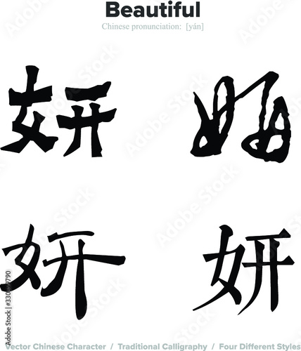 Beauty  Beautiful - Chinese Calligraphy with translation  4 styles