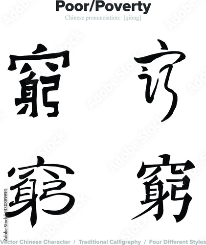 Poor  Poverty - Chinese Calligraphy with translation  4 styles