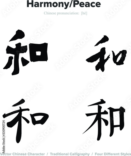 Harmony, Peace - Chinese Calligraphy with translation, 4 styles