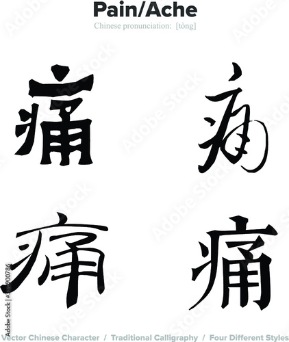 Pain, Ache - Chinese Calligraphy with translation, 4 styles