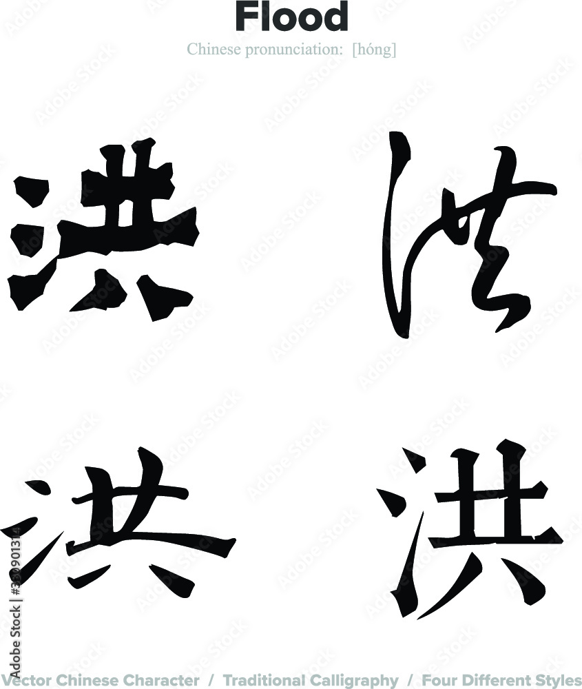 Flood - Chinese Calligraphy with translation, 4 styles Flood - Chinese Calligraphy with translation, 4 styles