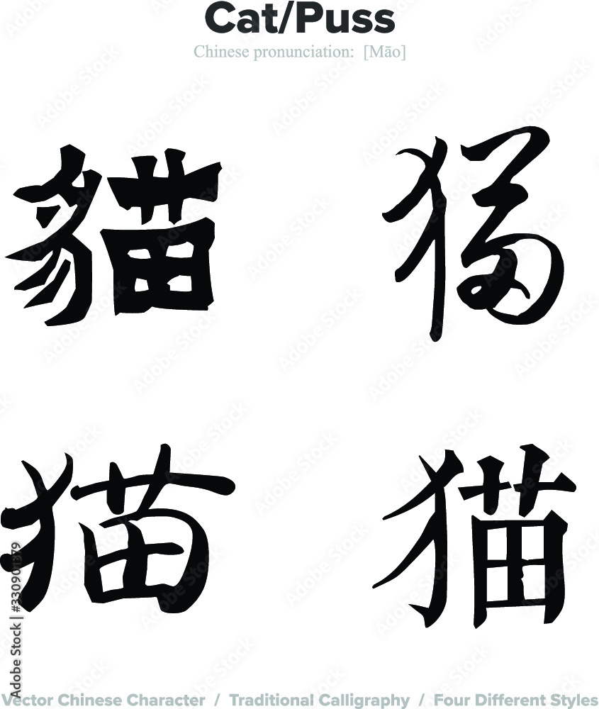 Cat, Puss - Chinese Calligraphy with translation, 4 styles