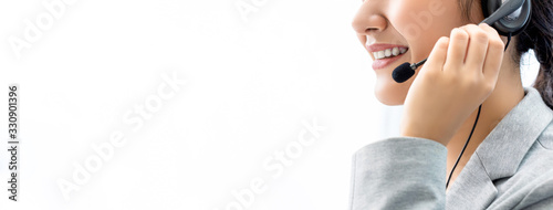 Smiling woman call center staff on white banner background with copy space