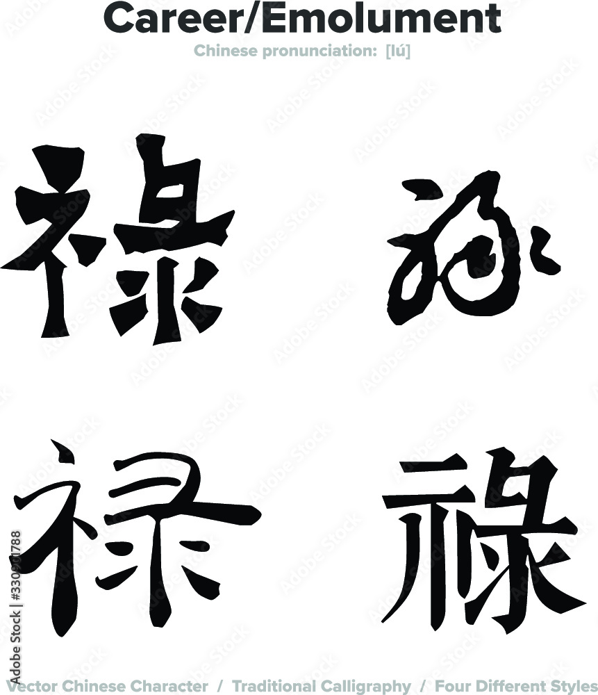 Career, Emolument - Chinese Calligraphy with translation, 4 styles