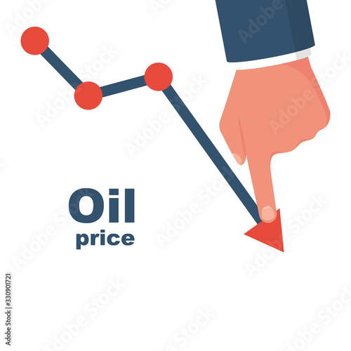 Lower oil prices. Businessman directs the graph down. Decline cost. Barrel lower. Global falling petrol. Fuel reduced. Chart down. Vector illustration flat design. Isolated on white background.