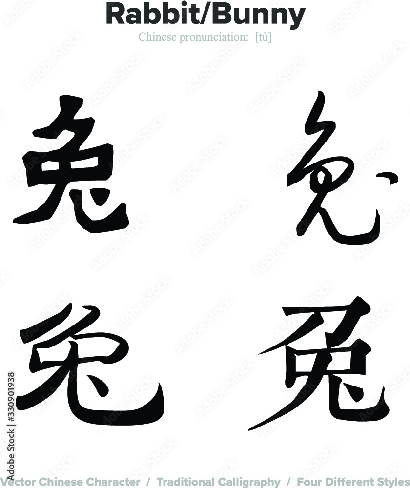 Rabbit, Bunny - Chinese Calligraphy with translation, 4 styles Rabbit, Bunny - Chinese Calligraphy with translation, 4 styles