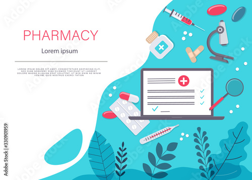 Medicine vector illustration. Pharmacy background, pharmacy desing, pharmacy templates. Medicine, pharmacy, hospital set of drugs with labels. Medication, pharmaceutics concept. Different medical