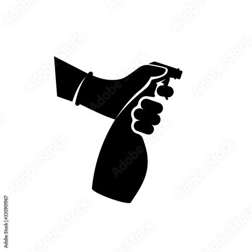 Black icon antiseptic spray. Pictogram hands in gloves hold bottle. Antibacterial flask kills bacteria. Disinfectant concept. Vector flat design. Isolated on white background. Coronavirus protection