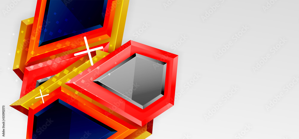 Metal glossy shiny geometric shapes with 3d effect composition. Techno futuristic vector abstract background For Wallpaper, Banner, Background, Card, Book Illustration, landing page