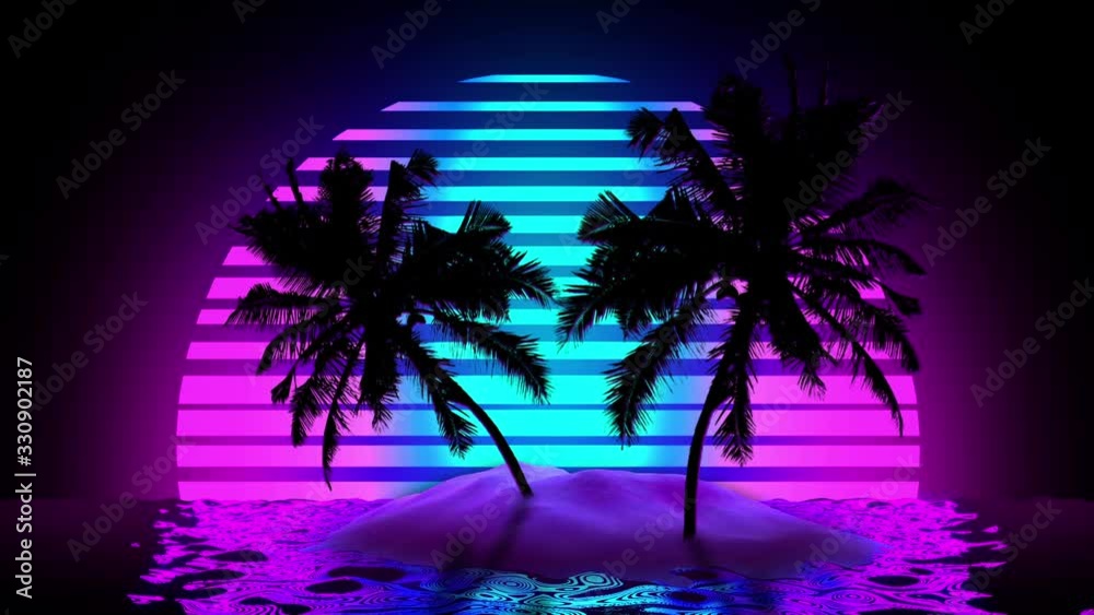 Palms in the beach, 80' vibes, backgorund Loop, 3d render, abstract 