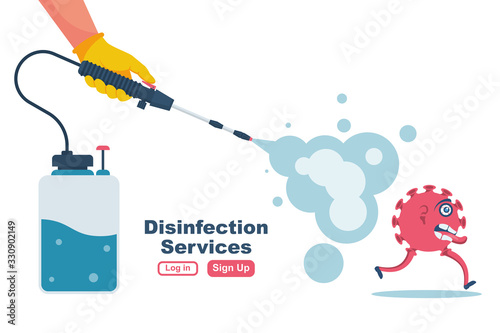 Disinfection services concept. Prevention controlling epidemic of coronavirus covid-2019. Worker in chemical protection disinfects. Vector illustration flat design. Cleaner in hand. Runaway virus.