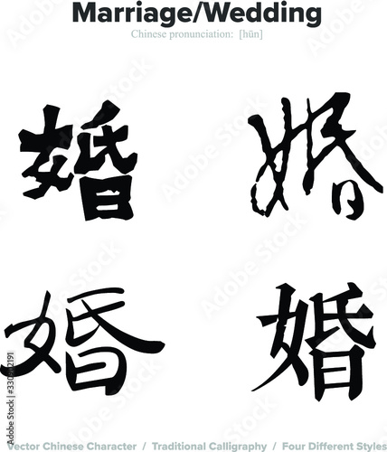 Marriage, Wedding, Marry - Chinese Calligraphy with translation, 4 styles