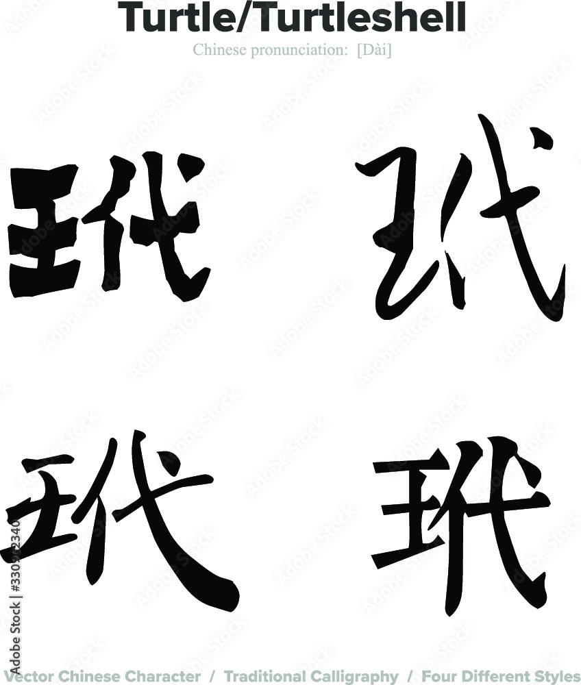 Turtle, Turtleshell - Chinese Calligraphy with translation, 4 styles Turtle, Turtleshell - Chinese Calligraphy with translation, 4 styles