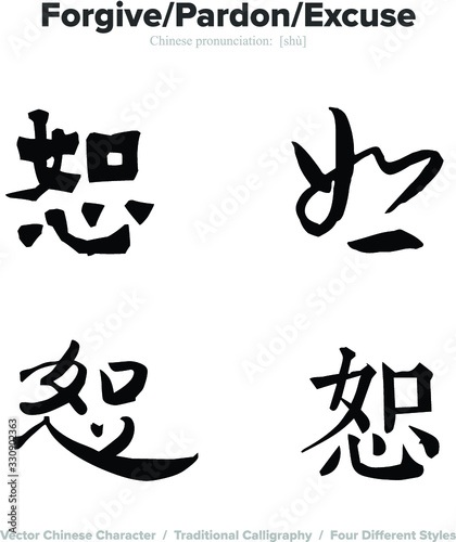Forgive, pardon, excuse - Chinese Calligraphy with translation, 4 styles