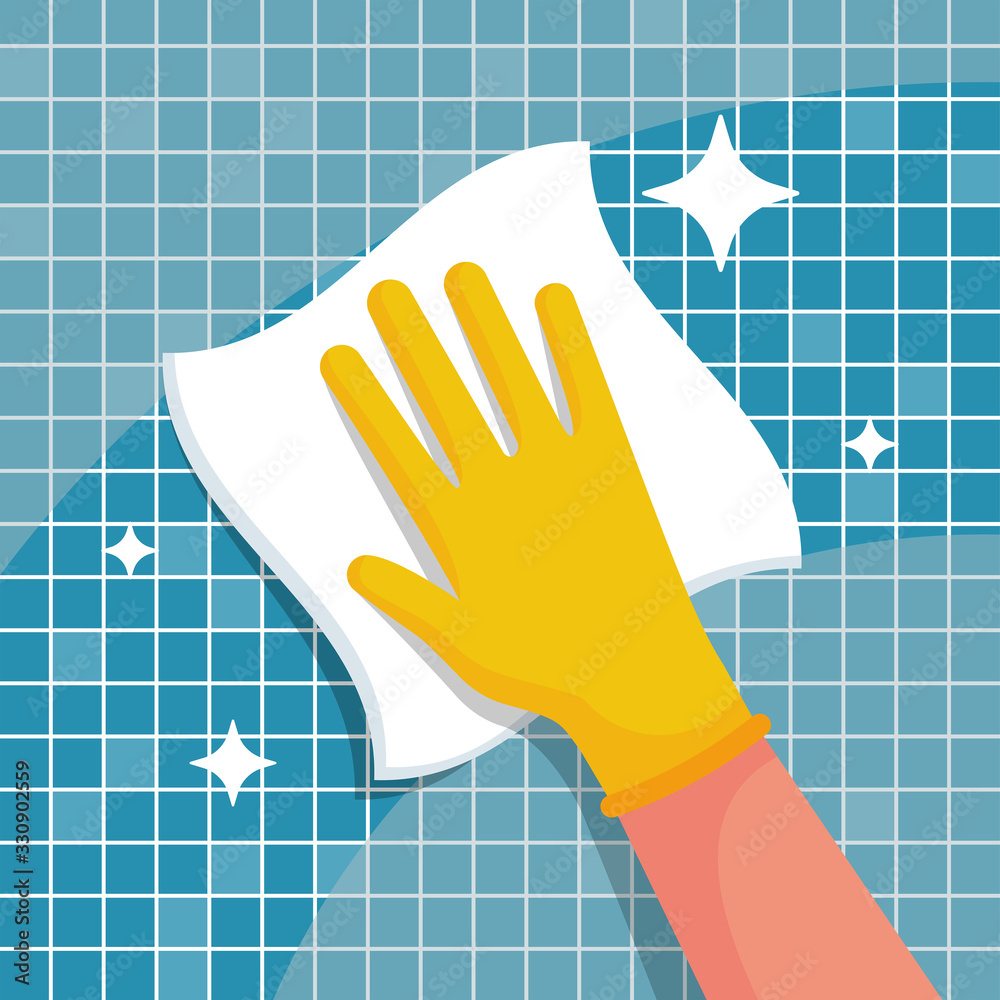 Man with a rag will wipe tiles in the bathroom. Cleanliness and shine are a symbol of hygiene and disinfection. Work at home. Shining surface. Vector illustration flat design. Housekeeping concept.