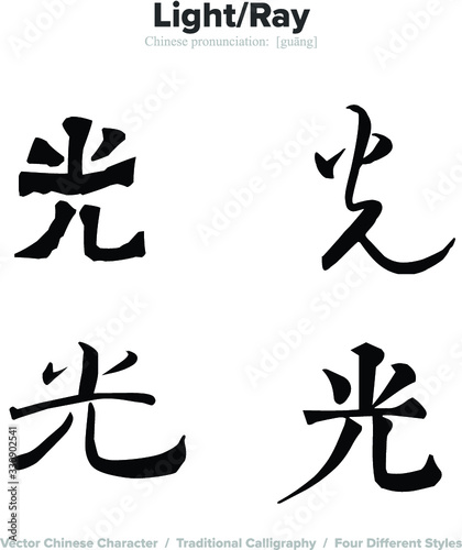 light, ray - Chinese Calligraphy with translation, 4 styles