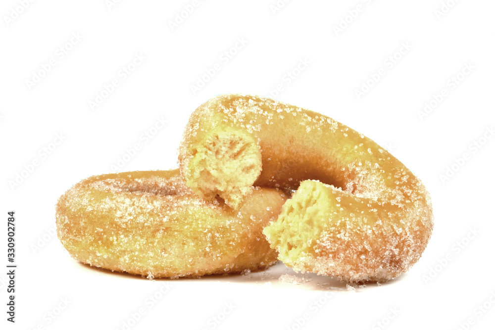 Bitten sugar ring donut isolated on white background