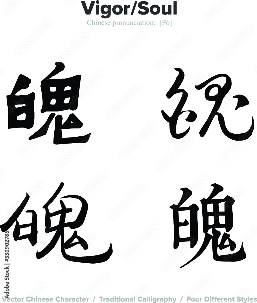 vigor, soul - Chinese Calligraphy with translation, 4 styles vigor, soul - Chinese Calligraphy with translation, 4 styles